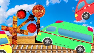 【踏切アニメ】錆びたふみきりカンカンを色々な救急車でなおす | Heal a rusty railroad crossing with various ambulances