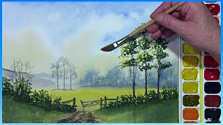 HOW TO PAINT A SUMMER LANDSCAPE IN WATERCOLOR,PAINT MISTY TREES & FIELDS IN SUMMER GREENS