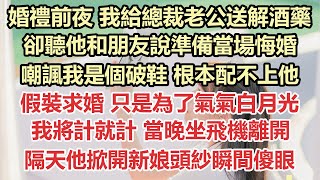 婚禮前夜 我給總裁老公送解酒藥，卻聽他和朋友說準備當場悔婚，嘲諷我是個破鞋 根本配不上他，假裝求婚 只是為了氣氣白月光，我將計就計 當晚坐飛機離開，隔天他掀開新娘頭紗瞬間傻眼#九點夜讀#霸總#白月光