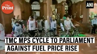 Six TMC MPs cycle to Parliament as mark of protest against rising fuel prices