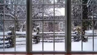 Зима, снег, камин, потрескивание дров, зимний двор, вид из окна