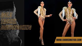 CHARISMATICO Gold Nude Sequin Leotard With Beaded Fringe Shoulder