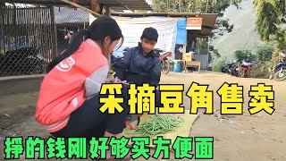 男孩和小雪采摘豆角出售，掙的錢只夠買泡面吃 #荒野求生 #荒野独居 #求生挑战 #生存挑战 #荒野