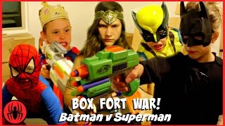 BOX FORT WAR! Nerf War Batman v Superman w Kid Deadpool Spiderman SuperHero Kids real life movie