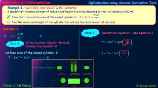 optimization using second derivative test (closed cylinder)