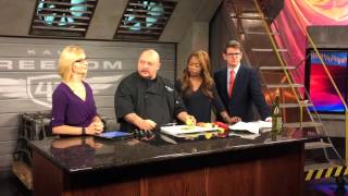 Chef Bustamante cooking seafood on Rise and Shine Oklahoma with Gina Neely from the Food Network