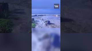 Sudden impact: Huge wave crashes over sea wall at Ventura Beach, California 🌊 #wave