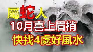 10月中旬事業蒸蒸日上，天天喜上眉梢的屬蛇人，生肖蛇生是富貴命，他們有大將之風，算命的說往後會造弄大事。之前可能有凶星在屬蛇人身邊，所以你的運勢不是很好，10月中旬，喜鵲叫不停，財運六六大順