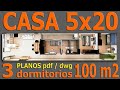 Casa de 100 m2. Plano de vivienda con 3 dormitorios,  2 baños, sala, comedor, cocina y lavandería.