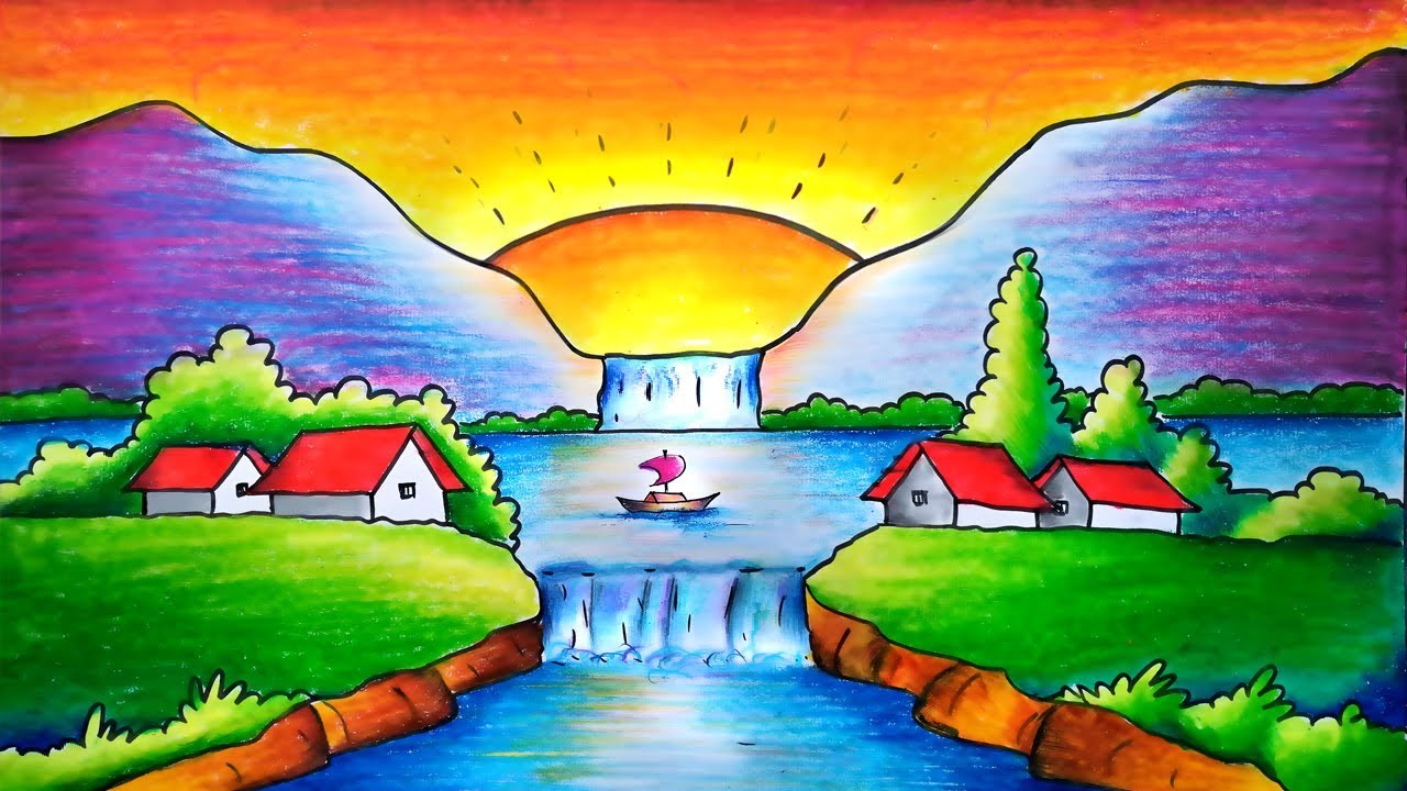 Beautiful Scenery Drawing Easy With Colour For Kids Step By Step