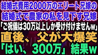 スカッとする話】結婚式費用2000万のエリート兄嫁の結婚式で農家の私を見下す兄嫁「ご祝儀は30万以上しか受け付けませんw」直後、父が大爆笑「はい、300万」結果