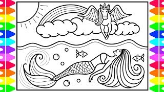 How to Draw a Mermaid and Unicorn for Kids 💜💚💛💗Mermaid and Unicorn Drawing and Coloring Pages