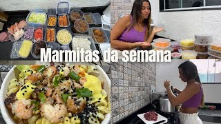 Organizando marmitas da semana, cardápio diferente, panqueca, carne desfiada, legumes e mais