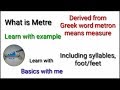 What is metre in poetry, with examples including definition of syllable and foot/feet.