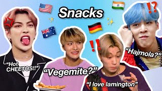 ateez tries different countries’ snacks (USA, Australia, Germany, India)