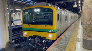 【209系82編成のNN廃車回送に伴う牽引機返却回送（長野→上野→尾久）】クモヤE493系オク02編成がブロワー起動して強い警笛を鳴らして上野駅15番線を発車するシーン（回9523M）2025.2.2