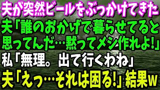 【スカッと】夫が突然私にビールをぶっかけてきた。夫「誰のおかげで暮らせてると思ってんだ…黙ってメシ作れよ！」私「無理。出て行くわね」夫「えっ…それは困る！」→私に出て行かれた