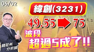 2023/06/02  緯創(3231)，49.55￫75UP! 波段超過5成了!!  錢冠州分析師