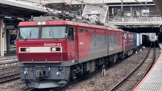 【ジョイント音最高！好積載！】JR貨物EH500形43号機＋コキ14B（両）が大宮駅10番線を通過するシーン（2071レ・仙貨A105・コンテナ輸送）2024.5.16