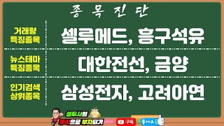 종목진단1] 10/5 거래량 특징주 : 셀루메드, 흥구석유 / 뉴스 특징주 : 대한전선, 금양 / 인기검색종목 : 삼성전자, 고려아연