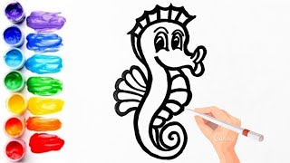 seahorse Drawing, Painting and Coloring for Kids & Toddlers |  seahorse drawing easy