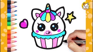 How to Draw a Cute Unicorn Cupcake | Super Easy Kawaii Drawing & Coloring