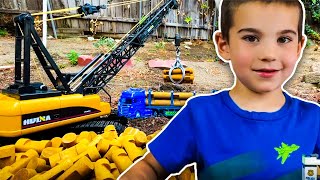 Building a Lincoln Log Cabin with Toy Construction Trucks for Kids! | JackJackPlays
