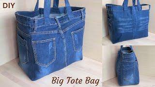 DIY Reuse Jeans Sewing Big Tote Bag with 4 pockets/Denim shopping bag making at home/客製牛仔大托特包