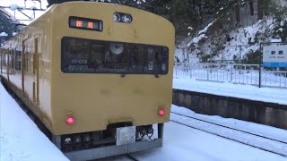 雪の伯備線 雪に覆われた新郷駅に停車中の上り列車115系