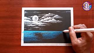 Moonlight scenery drawing on black paper | Black paper drawing easy | Step by step | @lokaaarts