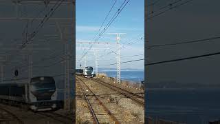 東京駅を出発し、伊豆急下田駅を目指して、相模湾が綺麗に観れる駅根府川駅を通り過ぎていく東海道本線特急踊り子号