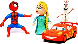 Spiderman drives Flash Mcqueen and meets Disney Princess Elsa from Frozen !
