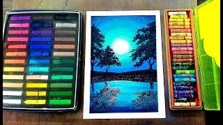 Oil Pastel Drawing - Easy Moonlight night scenery drawing with oil pastel