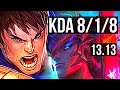 GAREN vs YONE (TOP) | 8/1/8, 1200+ games, 1.6M mastery, Rank 15 Garen | NA Grandmaster | 13.13