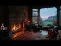 Cozy Scottish Castle Library Ambience: Crackling Fireplace & Rainy Dusk View (No Ads) 🏰🔥🌧️💤