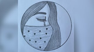 Crying 😢 girl drawing || circle drawing for beginners || how to draw a sad girl with mask 😷