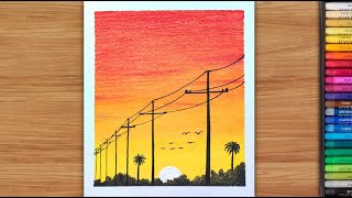 Easy Oil Pastel Drawing | Sunset Scenery Drawing For Beginners #shorts