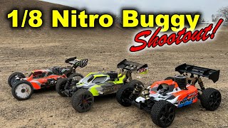 Best RC nitro car? - 1/8 Nitro Buggy Shootout! (Kyosho Inferno MP9, Hobao Hyper VS2, Serpent SRX8)