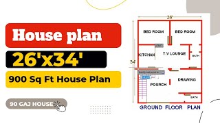 26x34 house plan | 90 gaj house design with car parking | 900 square feet house design | house plans