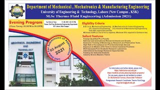 Evening MSc. in Thermo Fluid Engineering program at New Campus of UET Lahore, Admissions 2021