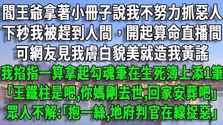 閻王爺說我不努力抓惡人，下秒我被趕到人間，開起算命直播間，可網友見我膚白貌美就造我黃謠，我掐指一算拿起勾魂筆在生死簿上添，1筆｢王鐵柱,你媽剛去世,回家安葬吧｣眾人不解:｢抱一絲,地府判官在線捉惡｣