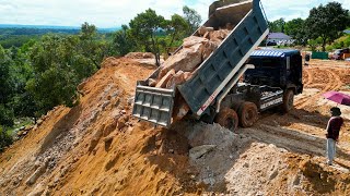 Perfect Project !! Landfill On The Mountain by 10 Wheels Trucks Dumping & Dozer D37E Pushing Rocks