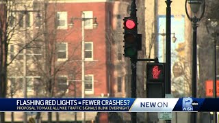 City considering flashing red lights at every signalized intersection after 10 p.m.