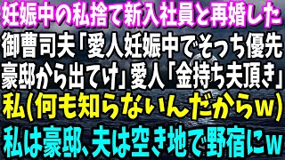 【スカッと】妊娠中の私捨て新入社員と再婚した御曹司の不倫夫「愛人妊娠中でそっち優先する！2億の豪邸から出てけ」愛人「金持ち夫頂き」私（何も知らないんだからw）私は豪邸､夫は空き地で野宿w【修羅場】