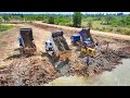 New Project! Dump Truck Unloading Soil and Mini dozer showing Technique Skill Pushing Soil In Pond