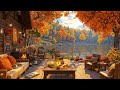 Cozy Fall Porch Ambience Lakeside with🍂 Smooth Jazz Music For Study ,Relaxing ~ Crackling Fireplace