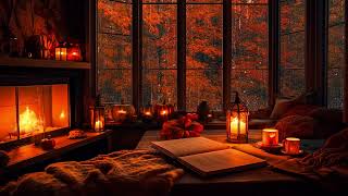 Cozy Reading book with Fireplace Burning and Heavy Rain outside the window helps to focus and relax