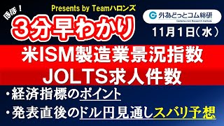 ドル/円見通しズバリ予想、３分早わかり「米ＩＳＭ製造業景況指数 /ＪＯＬＴＳ求人件数」2023年11月１日発表