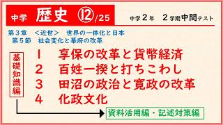 【中学社会】歴史⑫　社会変化と幕府の改革（享保の改革と貨幣経済・百姓一揆と打ちこわし・田沼の政治と寛政の改革・化政文化）【テスト対策】