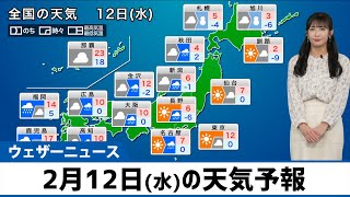 【2月12日(水)の天気予報】広範囲で雨や雪に 積雪地域は融雪災害に注意